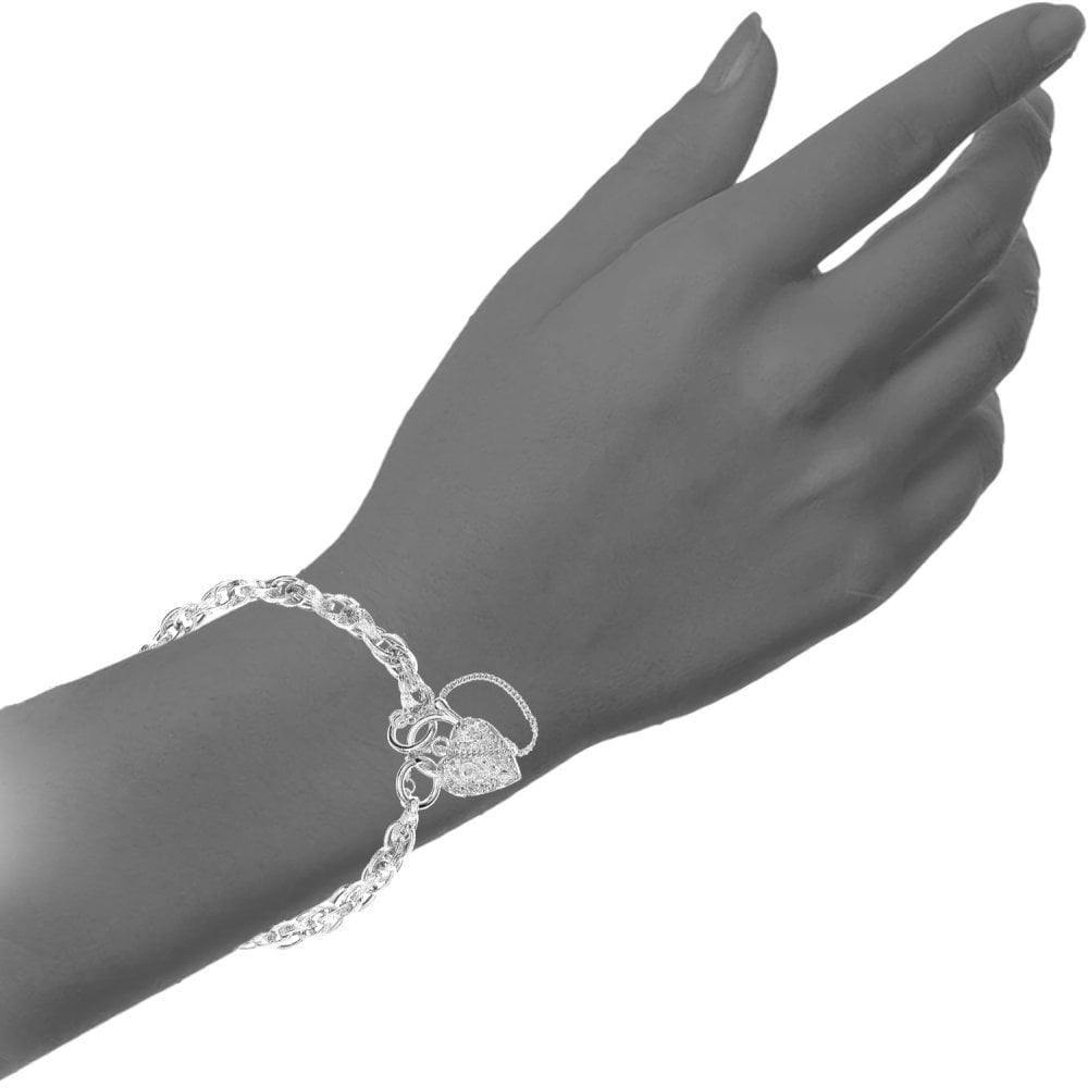 9ct White Gold Padlock Charm Bracelet with Safety Chain