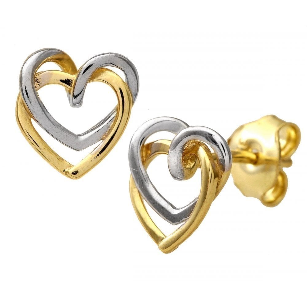 Cubic Zirconia Double Heart Stud Earrings 9ct Yellow and White Gold | Prime Jewellery