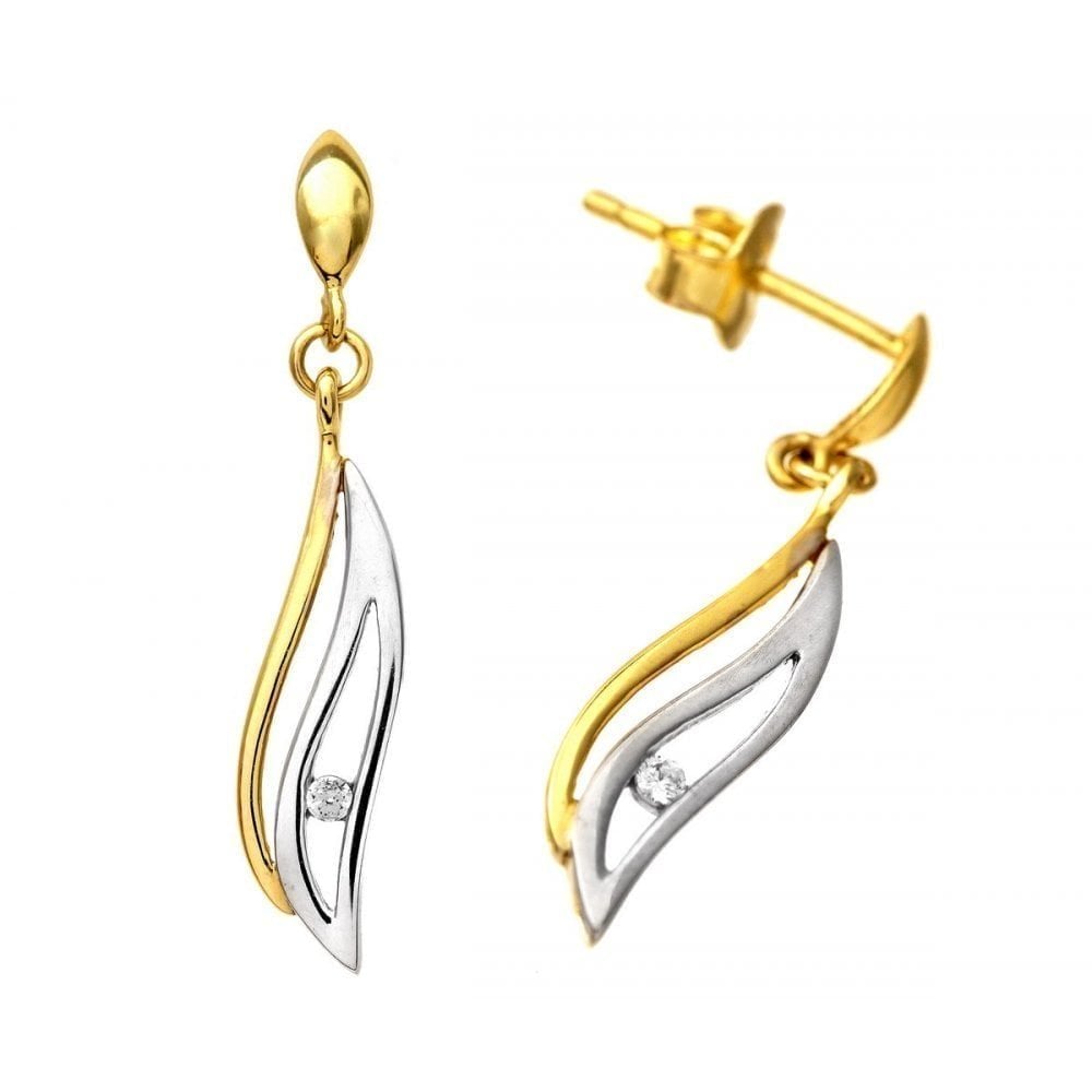 9ct Yellow and White Gold Cubic Zirconia Triple Wave Drop Earrings