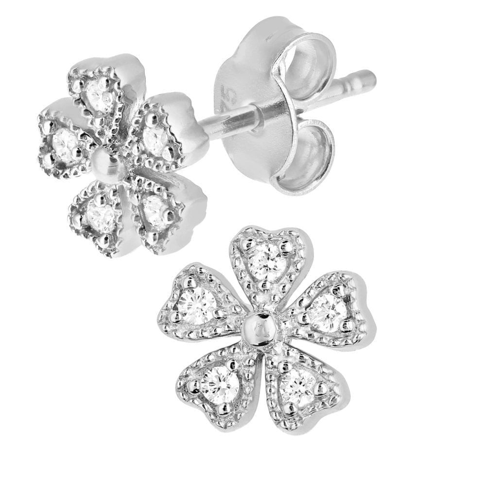 Cubic Zirconia Flower Stud Earrings 9ct White Gold | Prime Jewellery