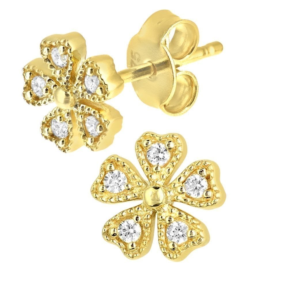 Cubic Zirconia Flower Stud Earrings 9ct Yellow Gold | Prime Jewellery