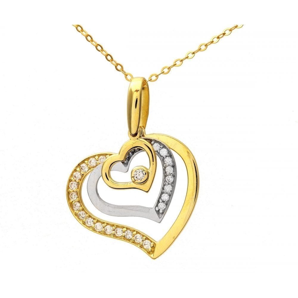 9ct Yellow and White Gold Cubic Zirconia Triple Heart Pendant and Chain of 46cm