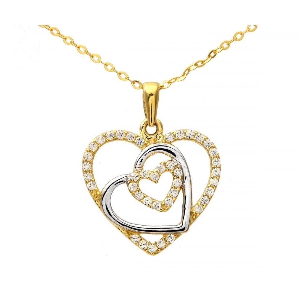9ct Yellow and White Gold Cubic Zirconia Triple Heart Charm Pendant and Chain of 46cm