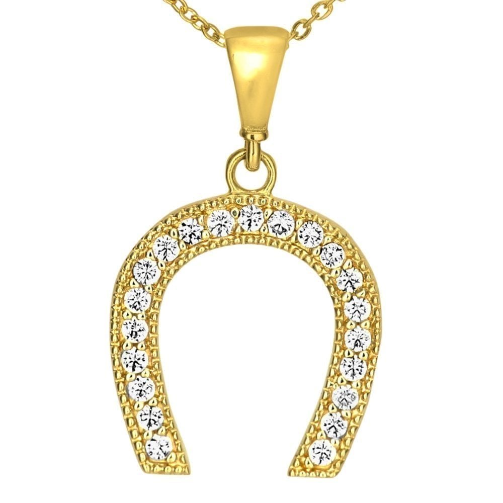 9ct Yellow Gold Horseshoe with Cubic Zirconia Stones Pendant Necklace of 46cm
