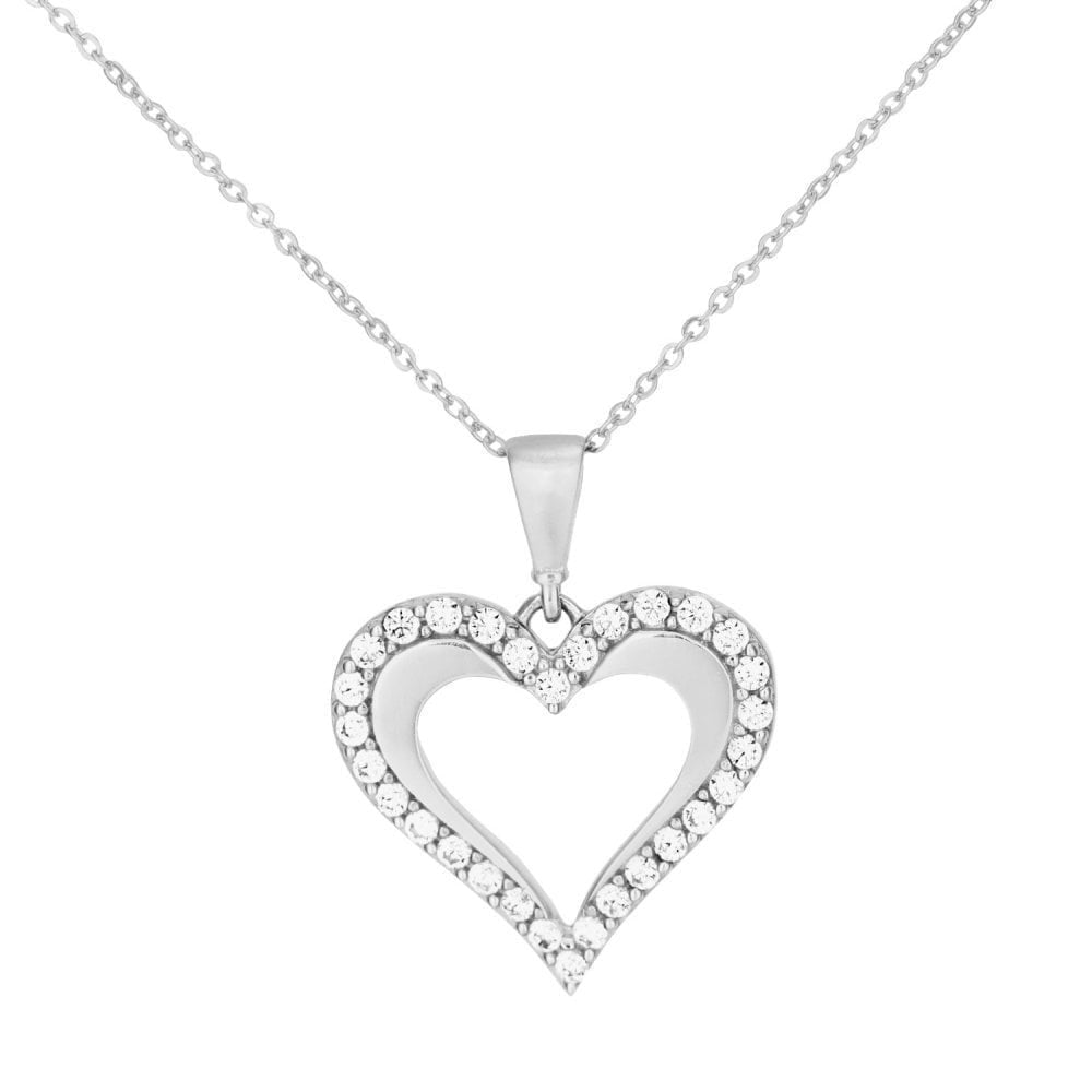 9ct White Gold Cubic Zirconia Open Heart Pendant Necklace