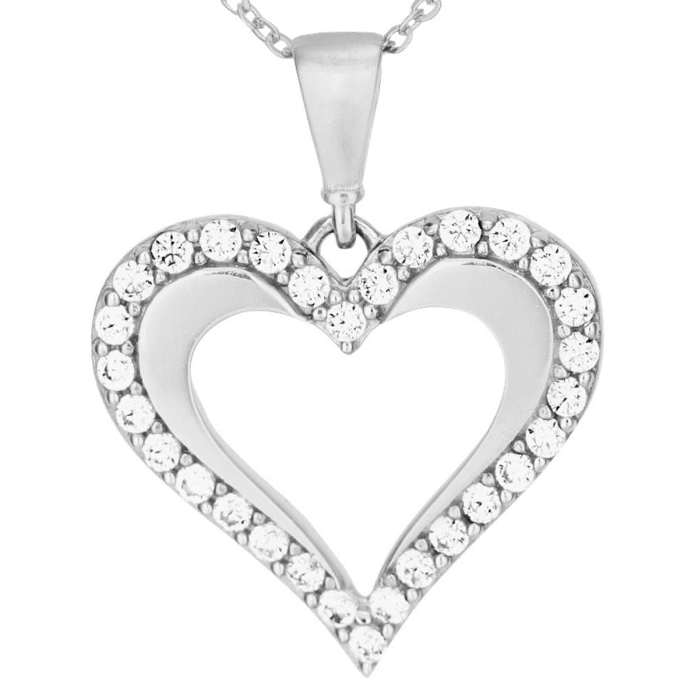 9ct White Gold Cubic Zirconia Open Heart Pendant Necklace