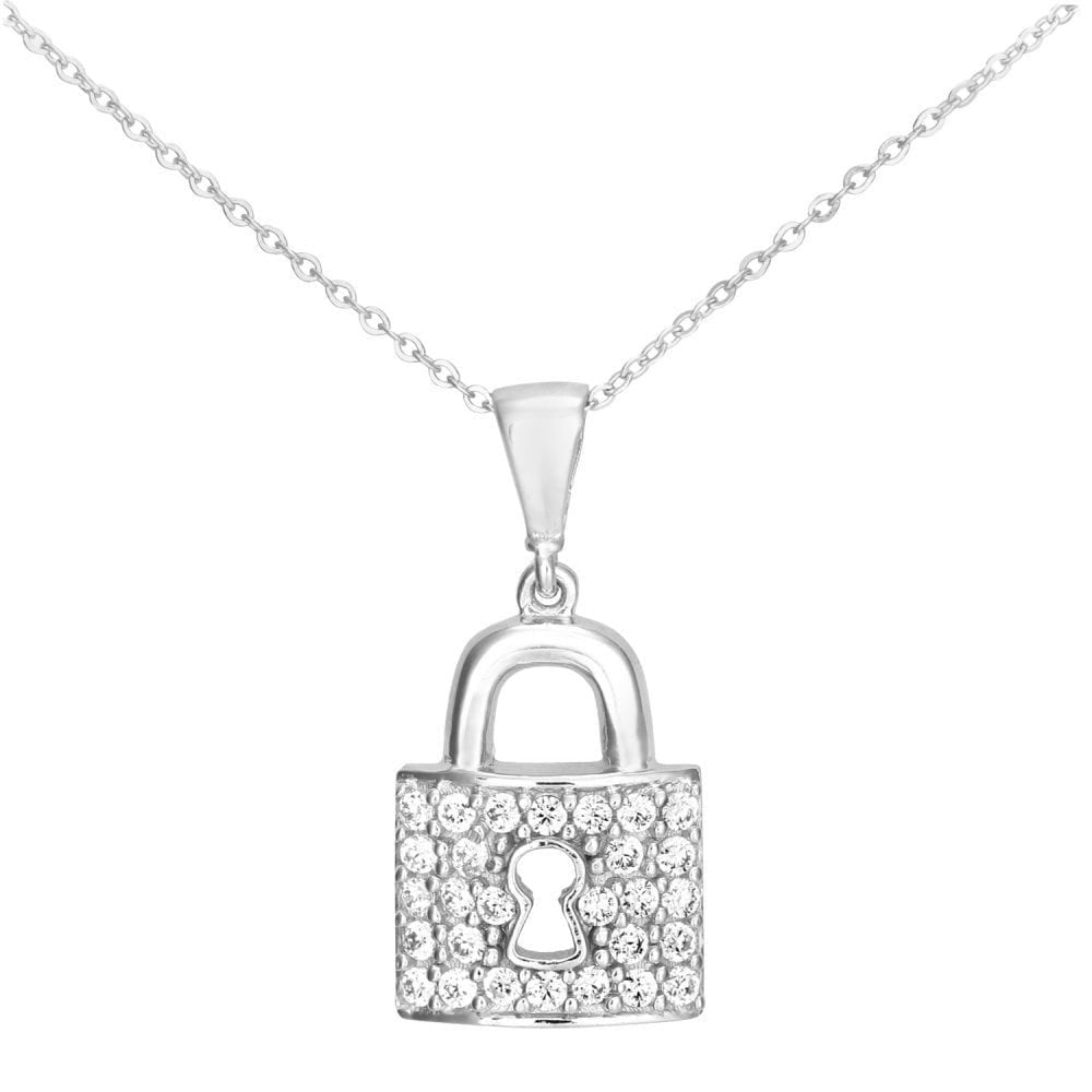 9ct White Gold Cubic Zirconia Padlock Pendant Necklace
