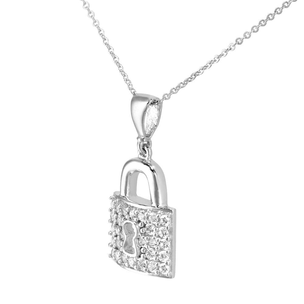 9ct White Gold Cubic Zirconia Padlock Pendant Necklace