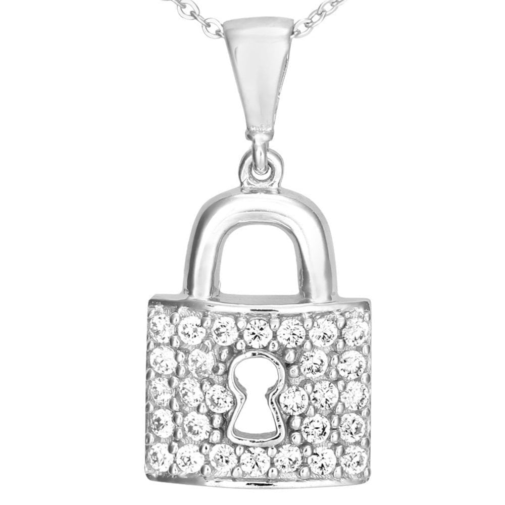 9ct White Gold Cubic Zirconia Padlock Pendant Necklace