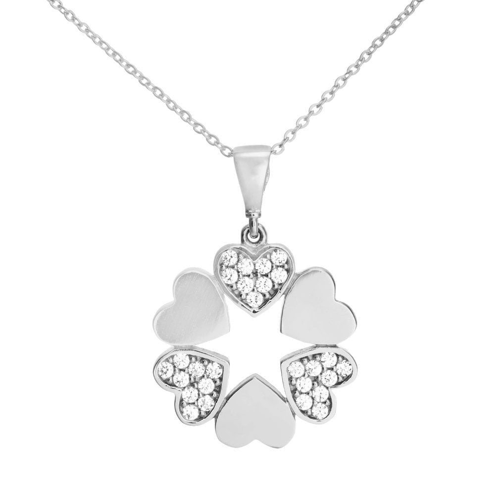 9ct White Gold Cubic Zirconia Stones in Circle of Hearts Pendant Necklace of 46cm