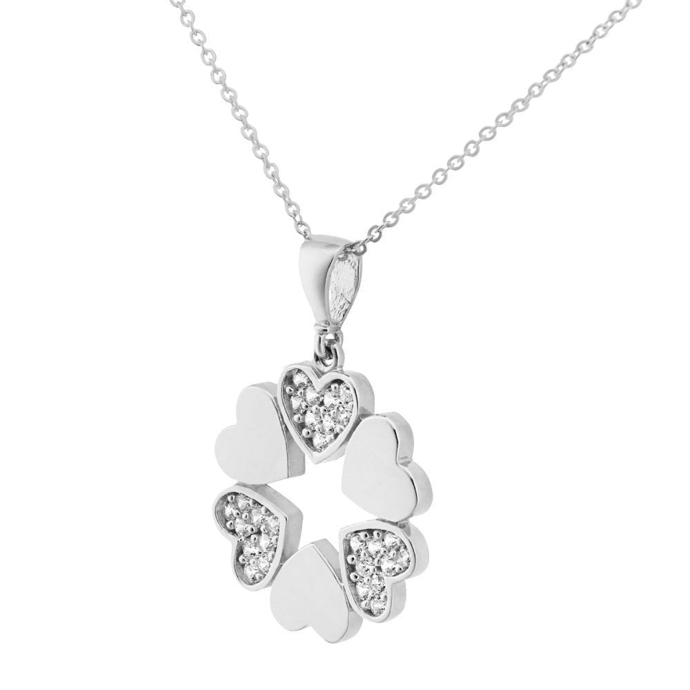 9ct White Gold Cubic Zirconia Stones in Circle of Hearts Pendant Necklace of 46cm