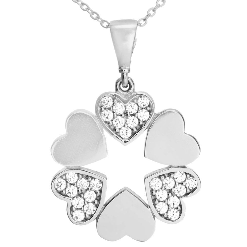 9ct White Gold Cubic Zirconia Stones in Circle of Hearts Pendant Necklace of 46cm