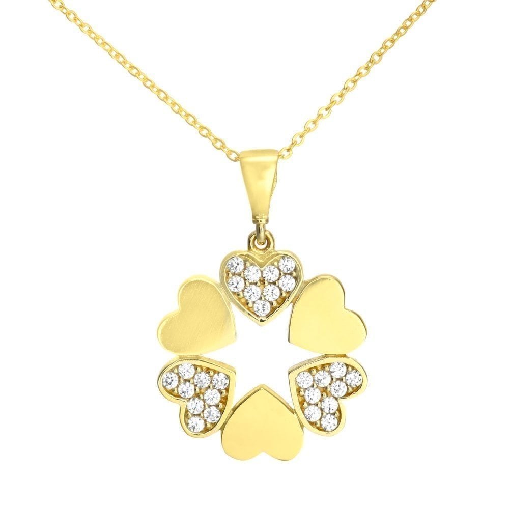 9ct Yellow Gold Cubic Zirconia Stones in Circle of Hearts Pendant Necklace of 46cm