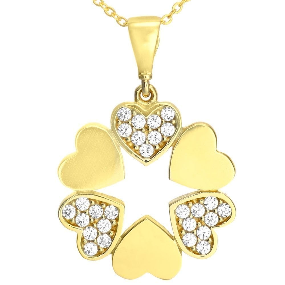 9ct Yellow Gold Cubic Zirconia Stones in Circle of Hearts Pendant Necklace of 46cm