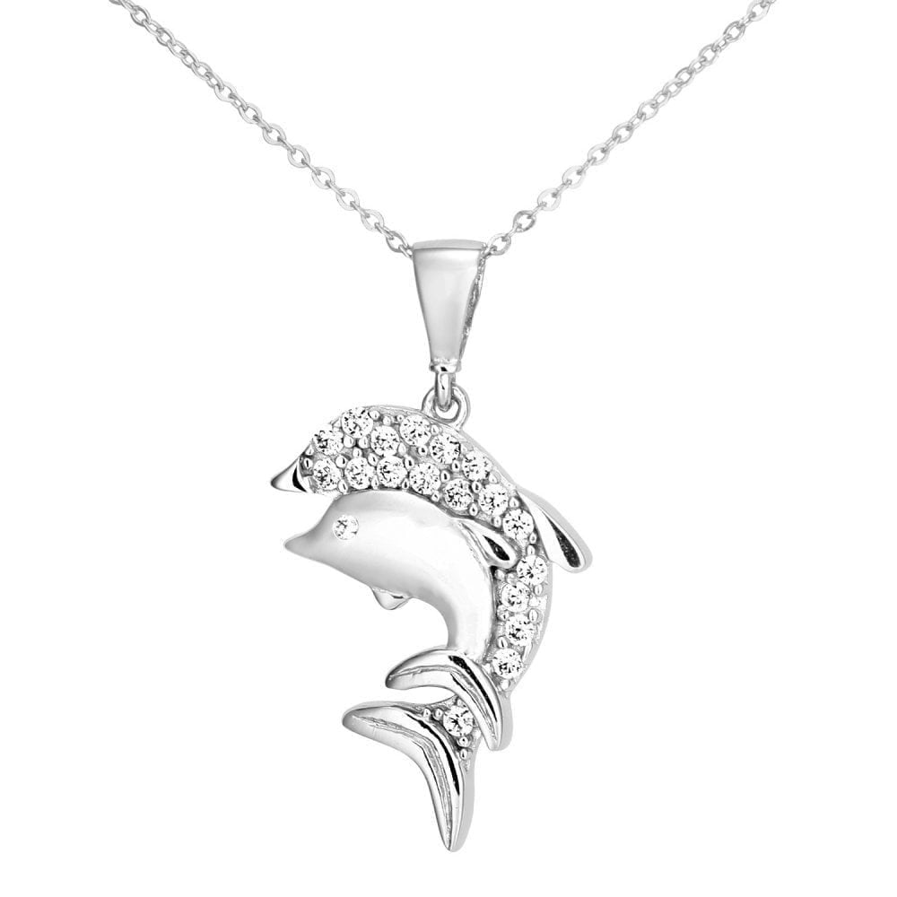 Cubic Zirconia Dolphin Necklace 9ct White Gold | Prime Jewellery