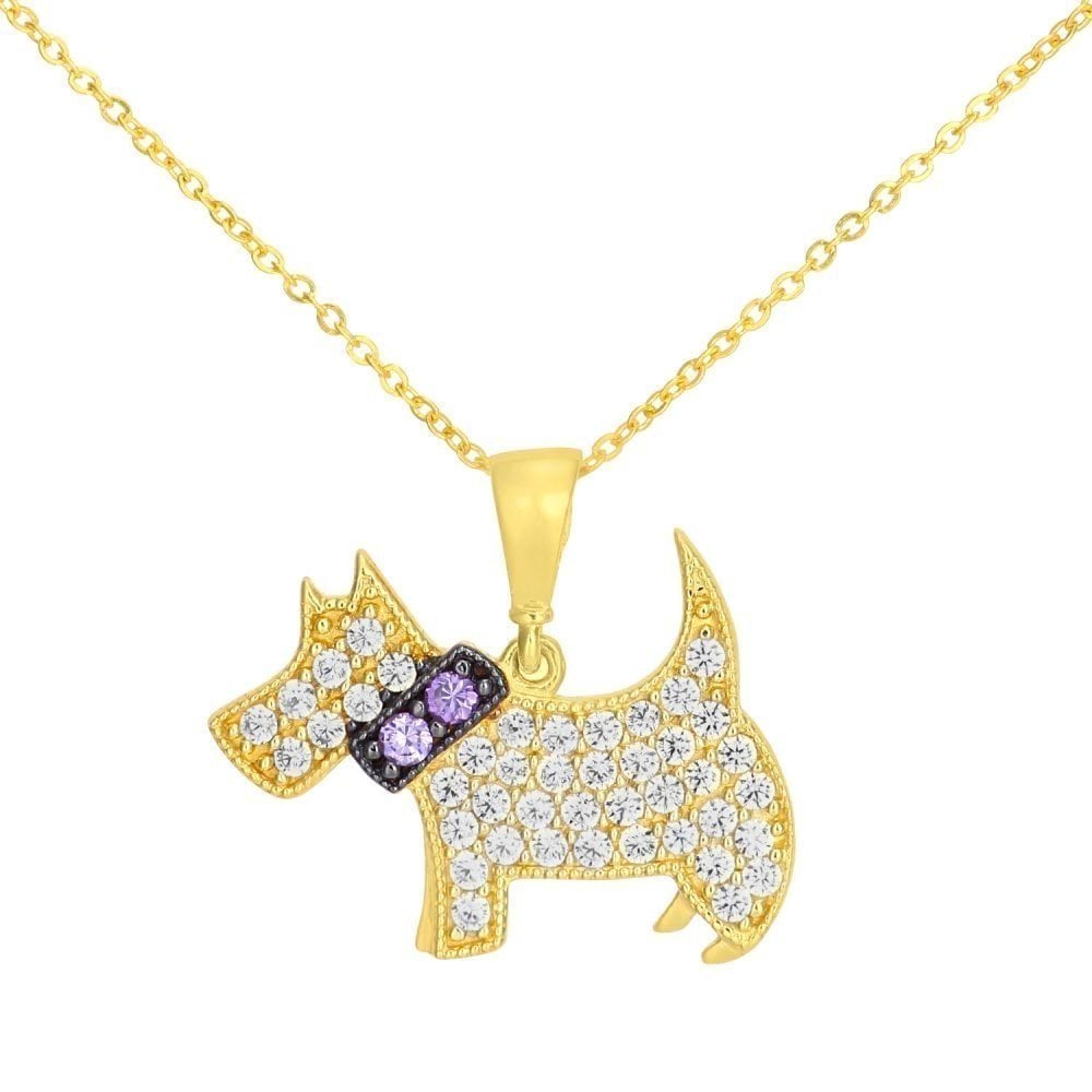 9ct Yellow Gold Scottie Dog with Cubic Zirconia Stones Pendant Necklace