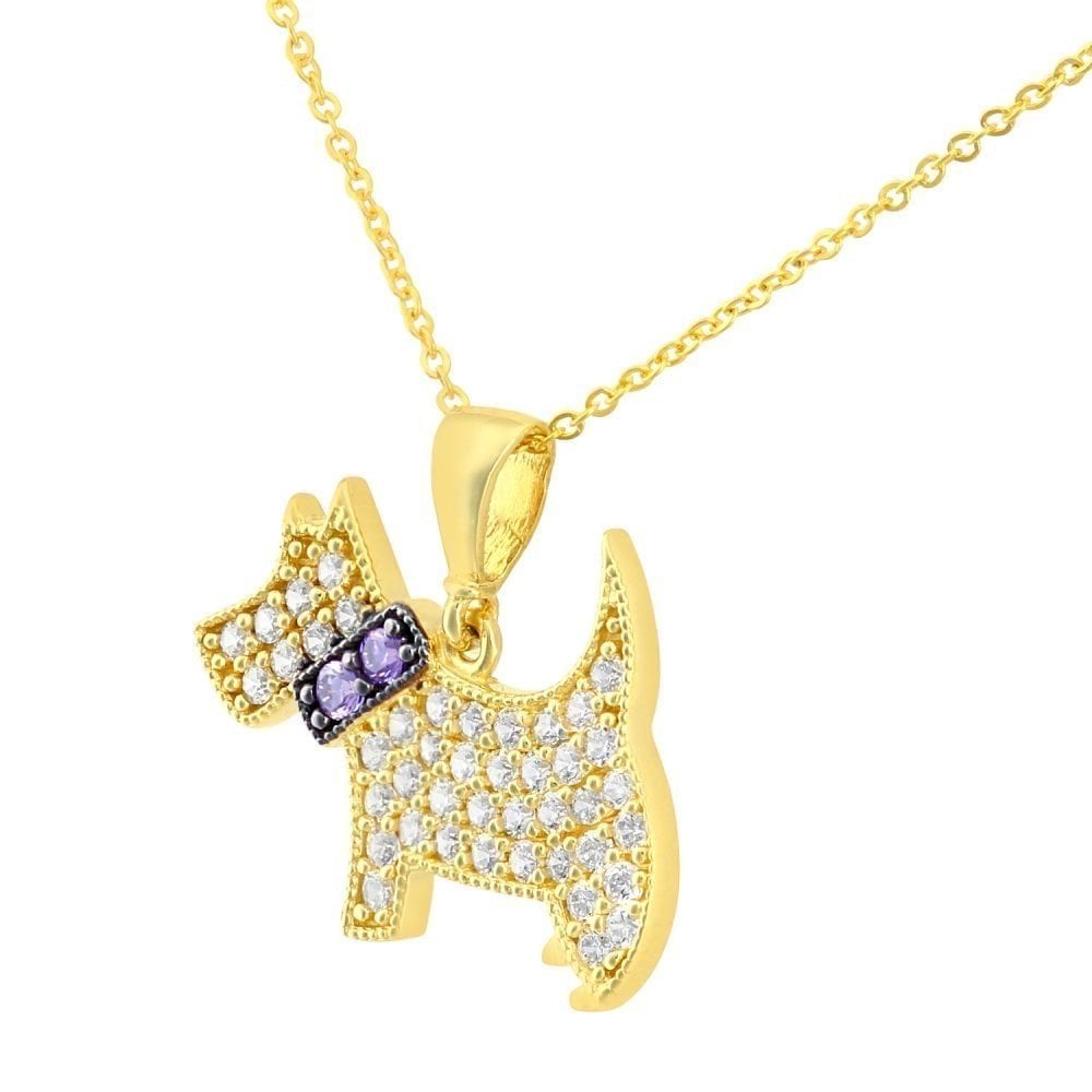 9ct Yellow Gold Scottie Dog with Cubic Zirconia Stones Pendant Necklace