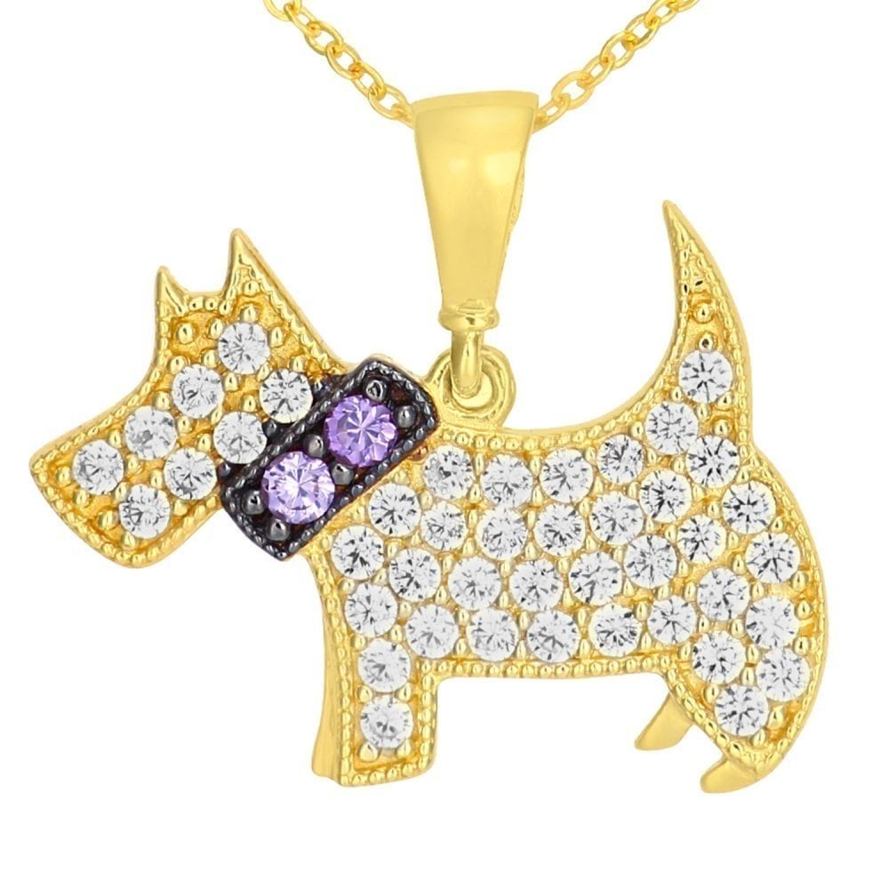 9ct Yellow Gold Scottie Dog with Cubic Zirconia Stones Pendant Necklace