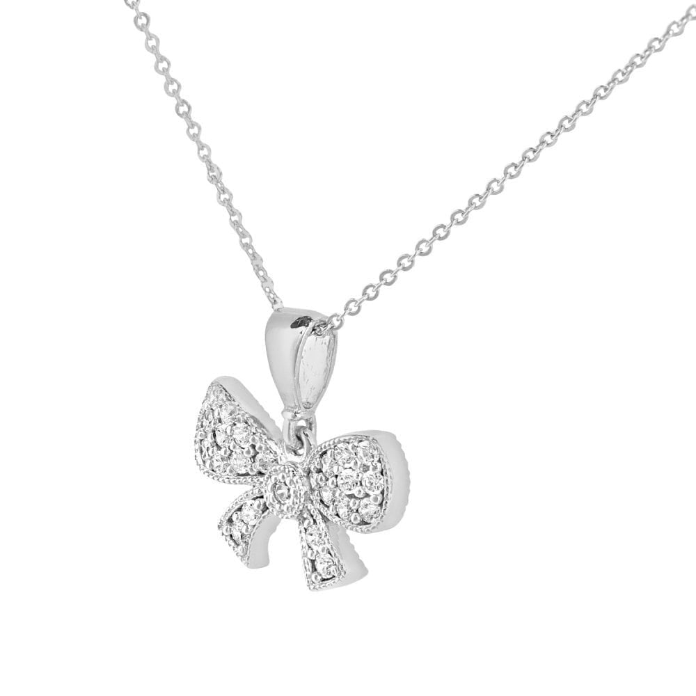 9ct White Gold Bow with Cubic Zirconia Stones Pendant Necklace of 46cm