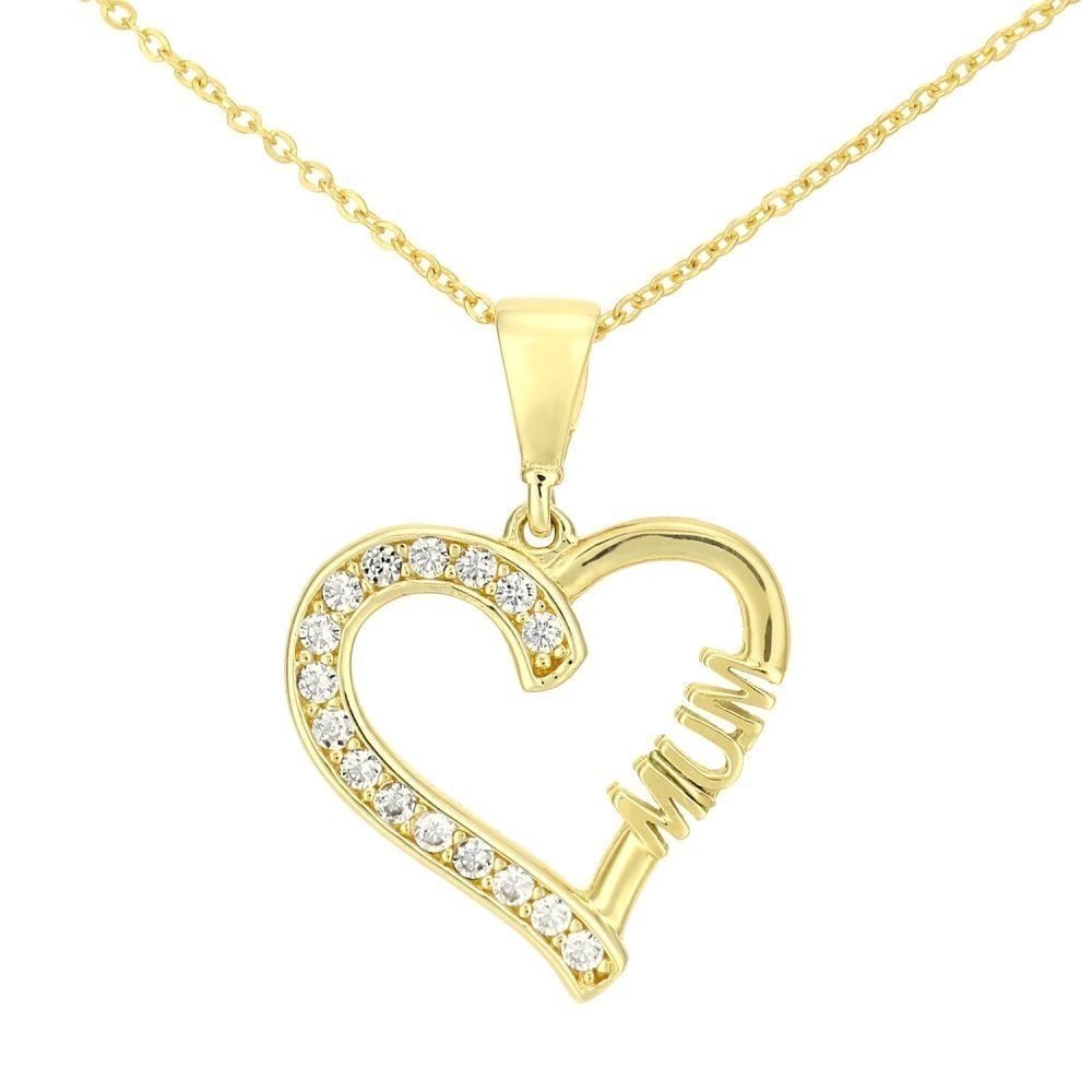 9ct Yellow Gold Mum Heart with Cubic Zirconia Stones Pendant Necklace of 46cm