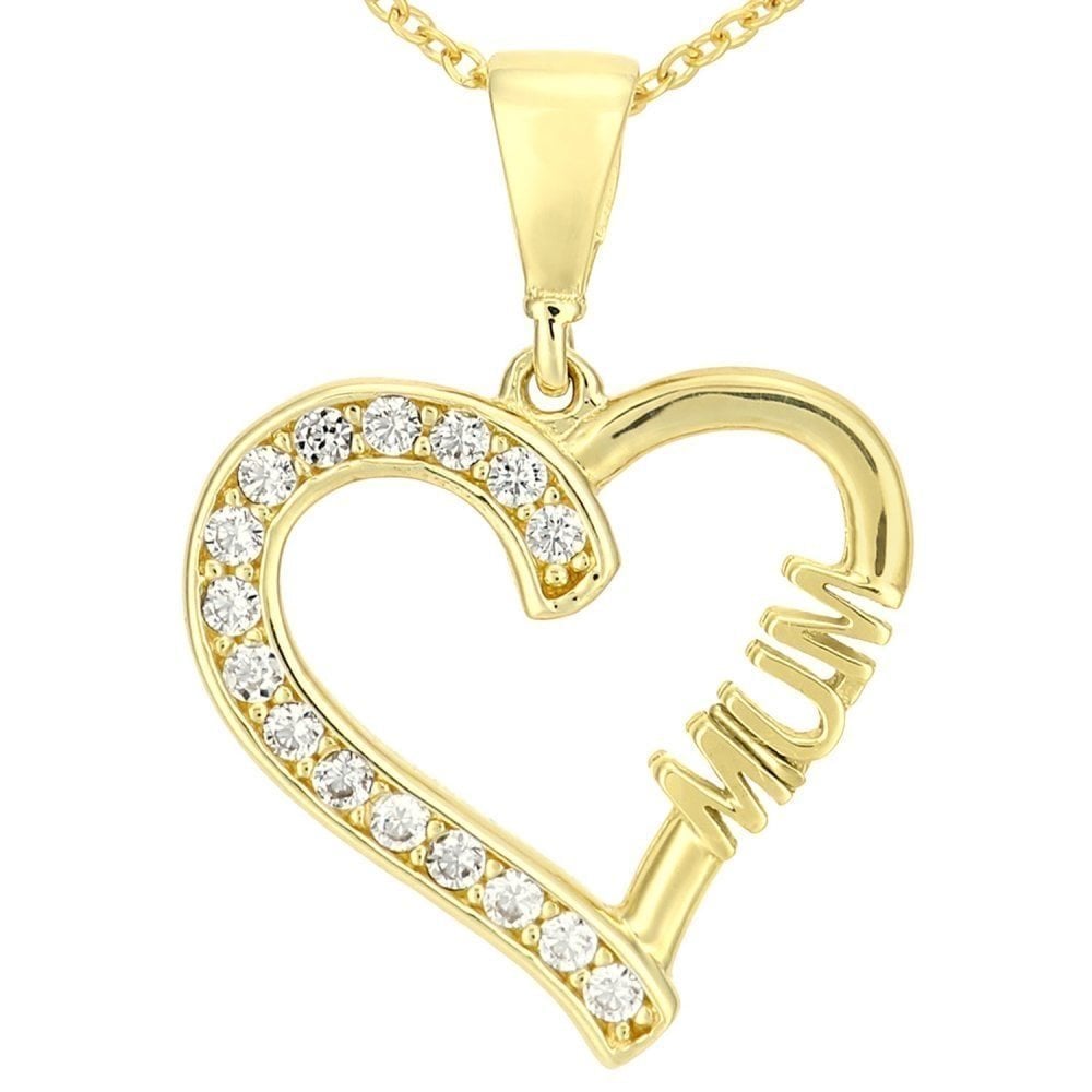 9ct Yellow Gold Mum Heart with Cubic Zirconia Stones Pendant Necklace of 46cm