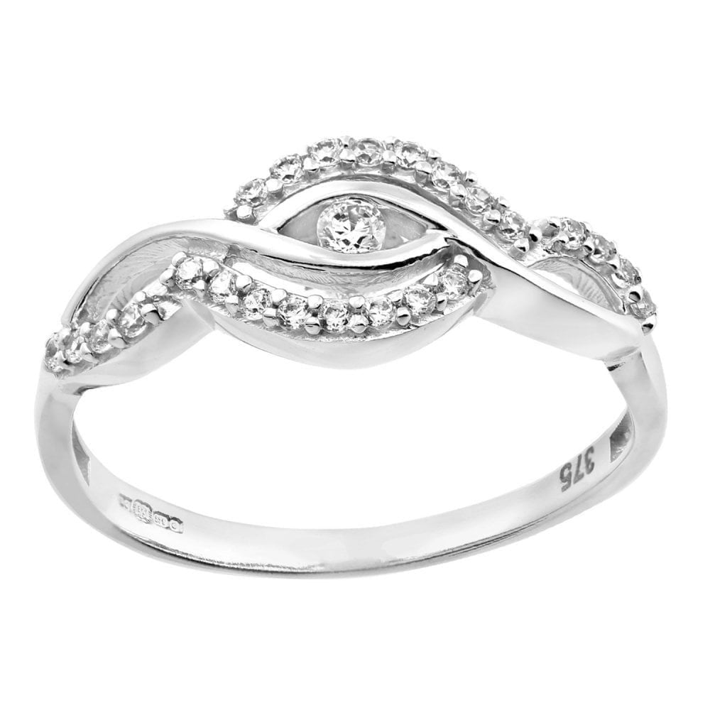 9ct White Gold with Cubic Zirconia Stones Crossover Ring