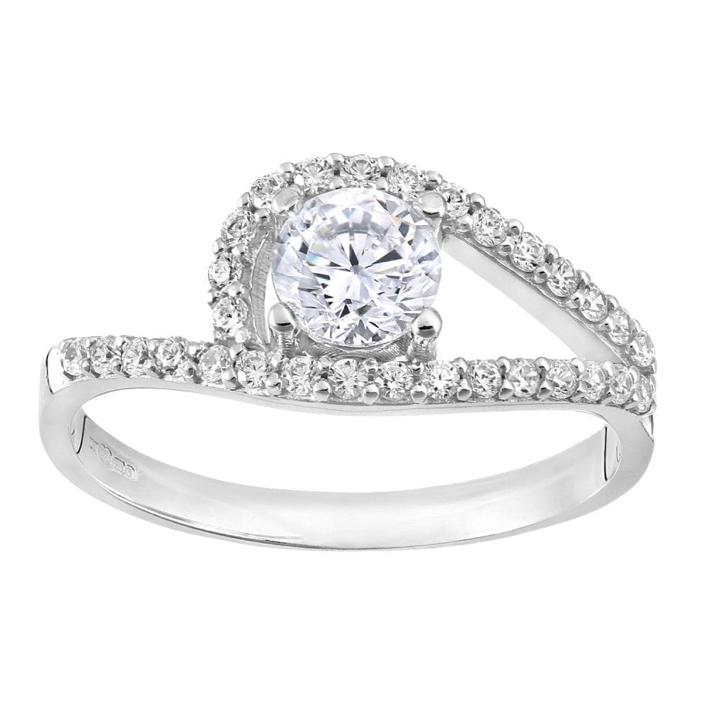 9ct White Gold with Cubic Zirconia Stones in Crossover Design Engagement Ring