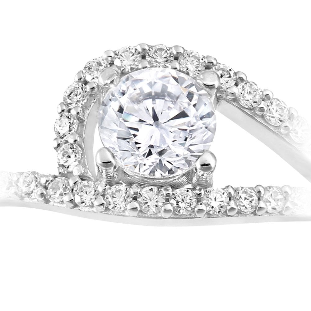 9ct White Gold with Cubic Zirconia Stones in Crossover Design Engagement Ring