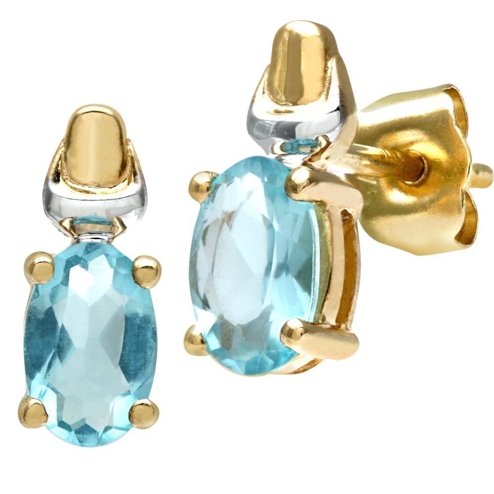 9ct Yellow & White Gold Solitaire Created Aquamarine Studs