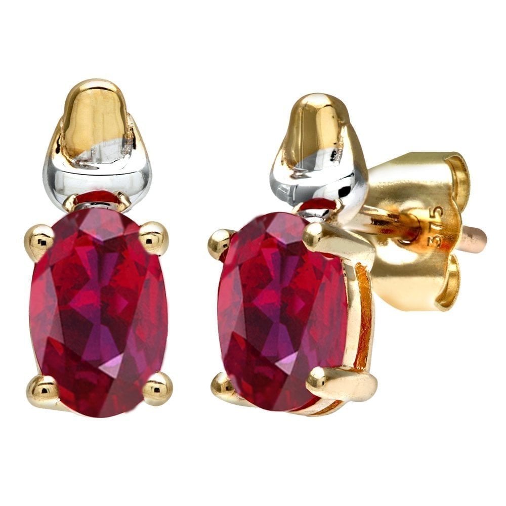 9ct Yellow and White Gold Solitaire Created Ruby Stud Earrings