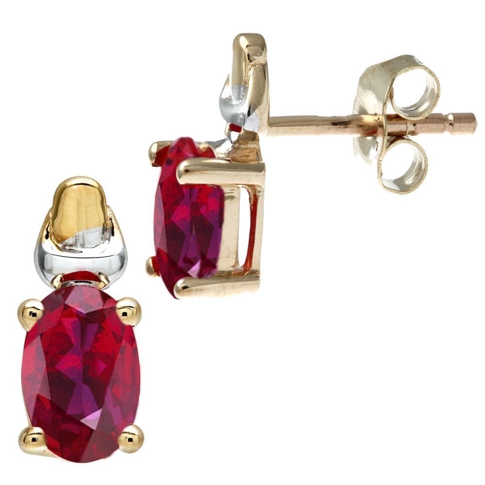 9ct Yellow and White Gold Solitaire Created Ruby Stud Earrings