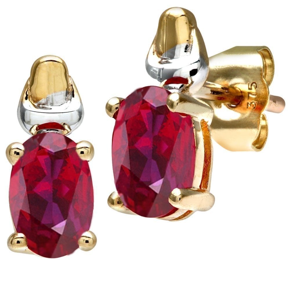 9ct Yellow and White Gold Solitaire Created Ruby Stud Earrings