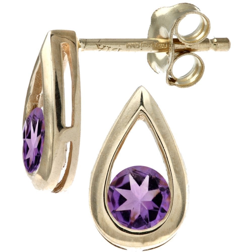 9ct Yellow Gold Amethyst Teardrop Stud Earrings