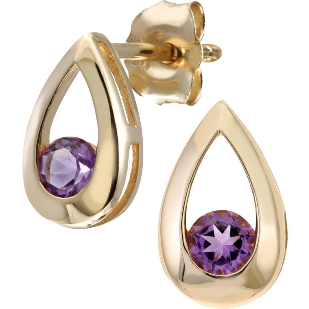 9ct Yellow Gold Amethyst Teardrop Stud Earrings