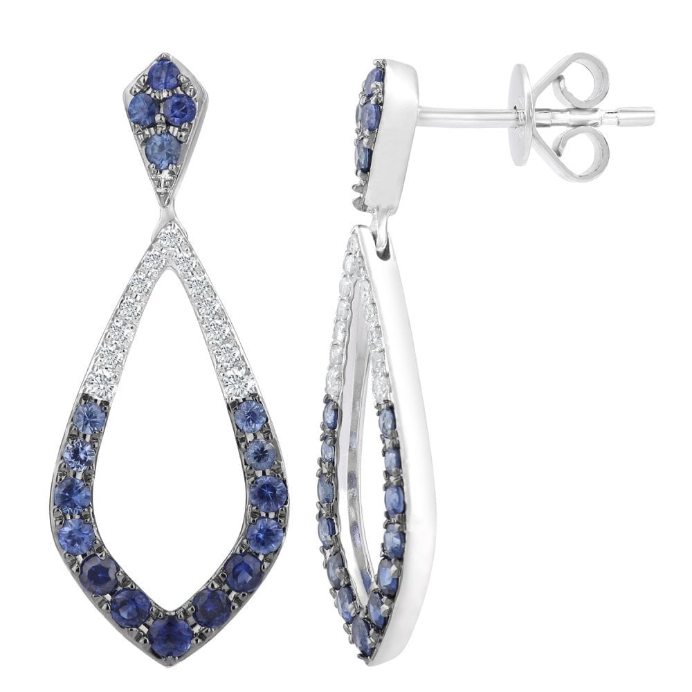 0.9 Ct Natural Blue Sapphire and Diamond Drop Earrings in 18ct White Gold