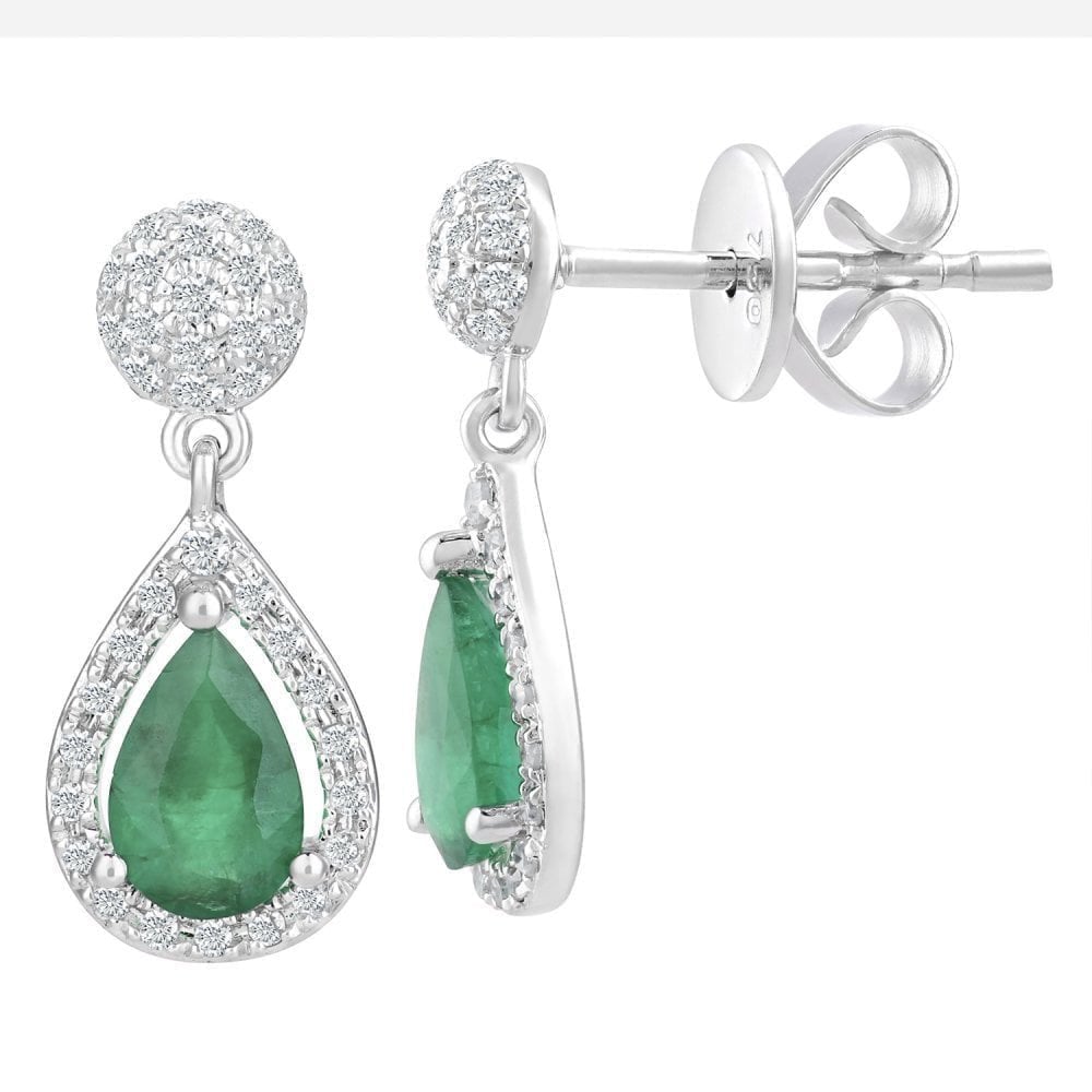 18ct White Gold 0.65ct Pear Emerald and 0.20ct Diamond Teardrop Earrings