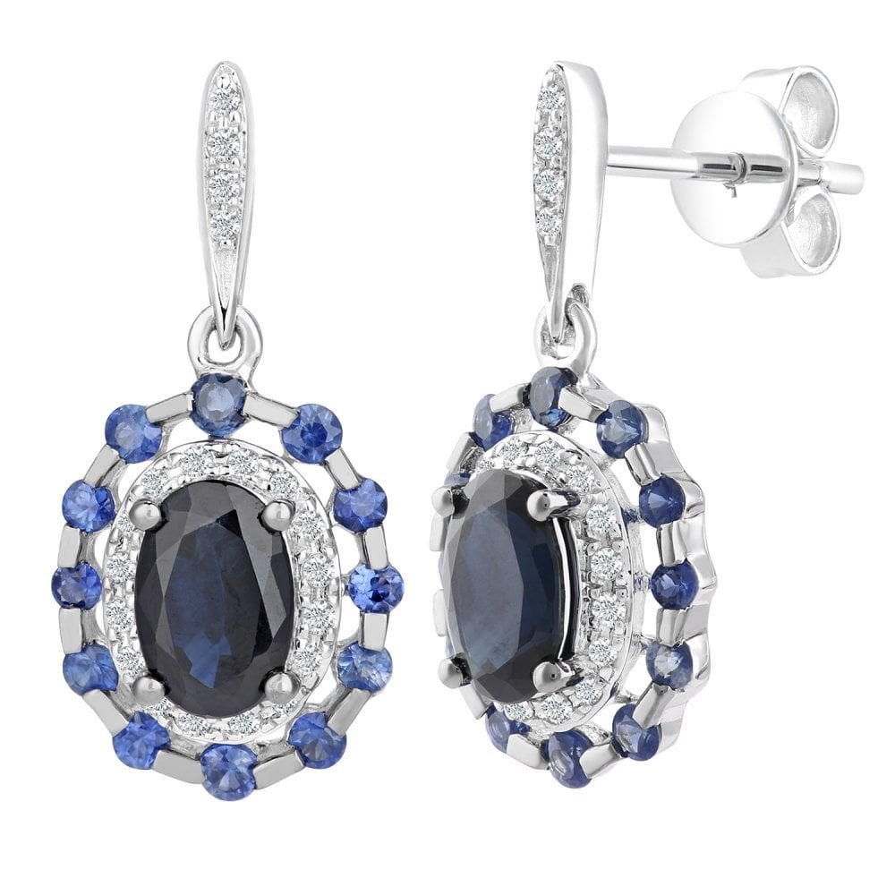 Round-Oval Natural Blue Sapphire and Diamond Cluster Drop Earrings in 9ct White Gold