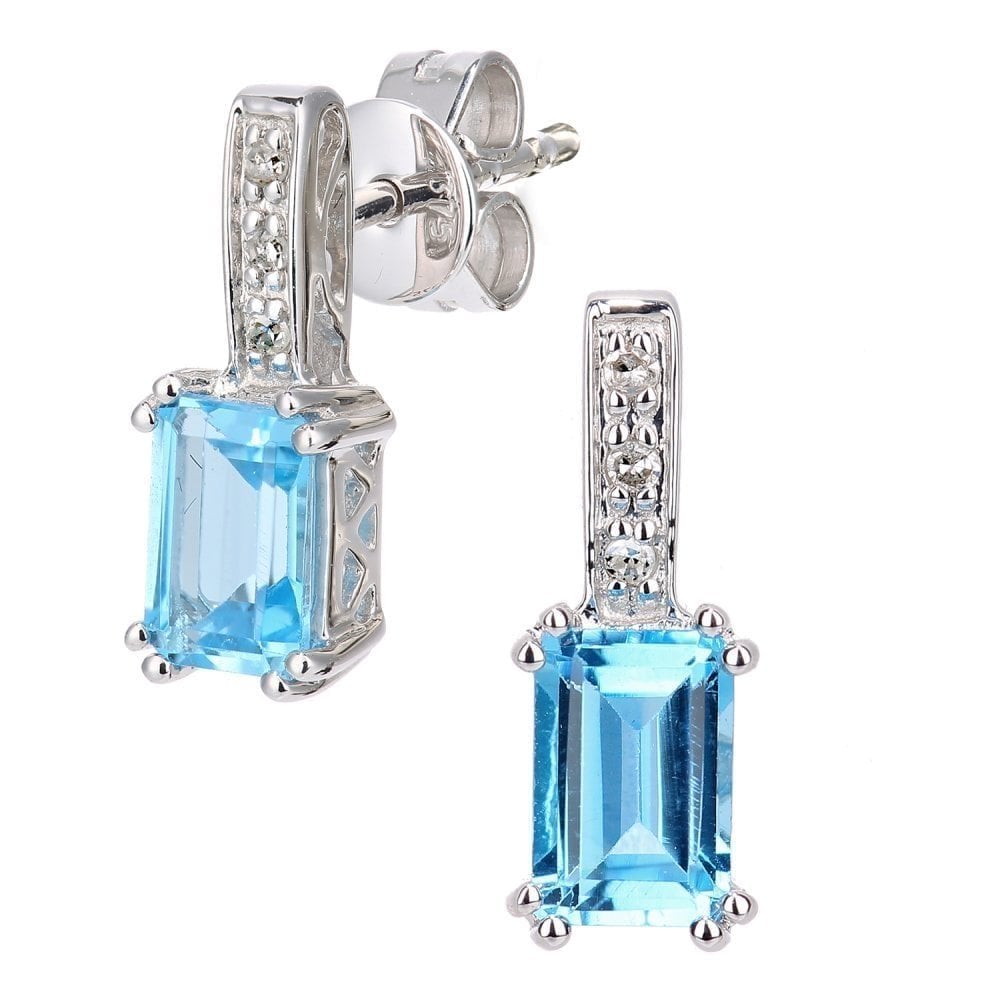 Swiss Blue Topaz Octagon and Natural Diamond Stud Earrings in 9ct White Gold