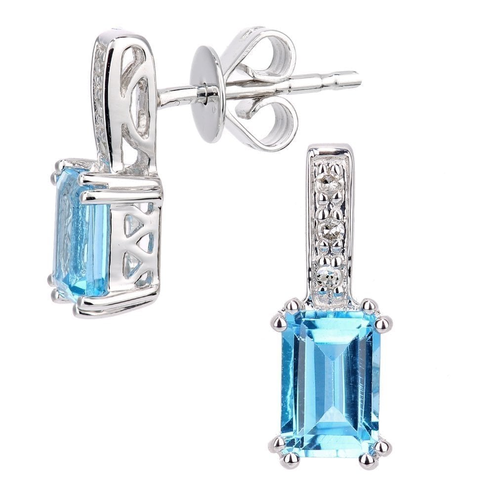 Swiss Blue Topaz Octagon and Natural Diamond Stud Earrings in 9ct White Gold