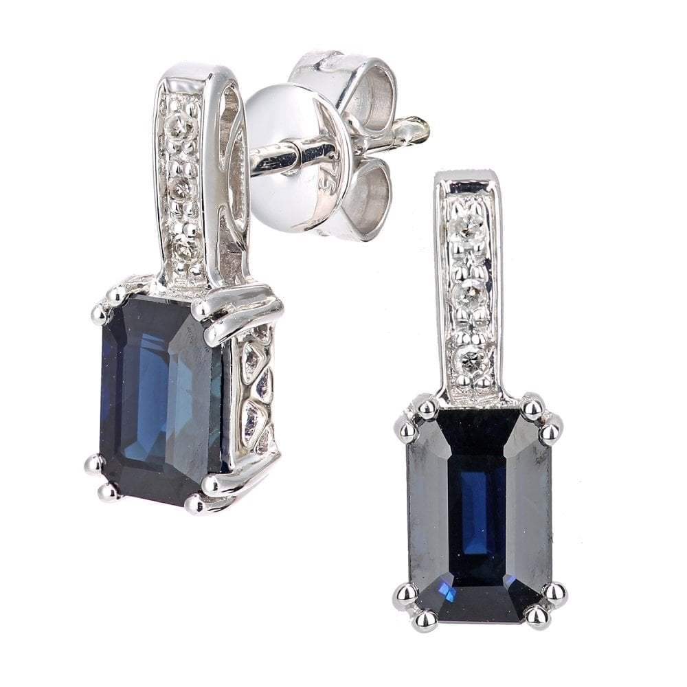 1.23 Ct Emerald Cut Natural Blue Sapphire and Diamond Stud Earrings in 9ct White Gold