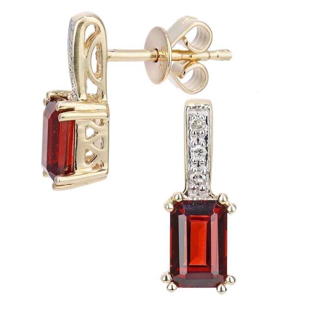 9ct Yellow Gold Octagon Garnet and 0.03ct Diamond Drop Earrings