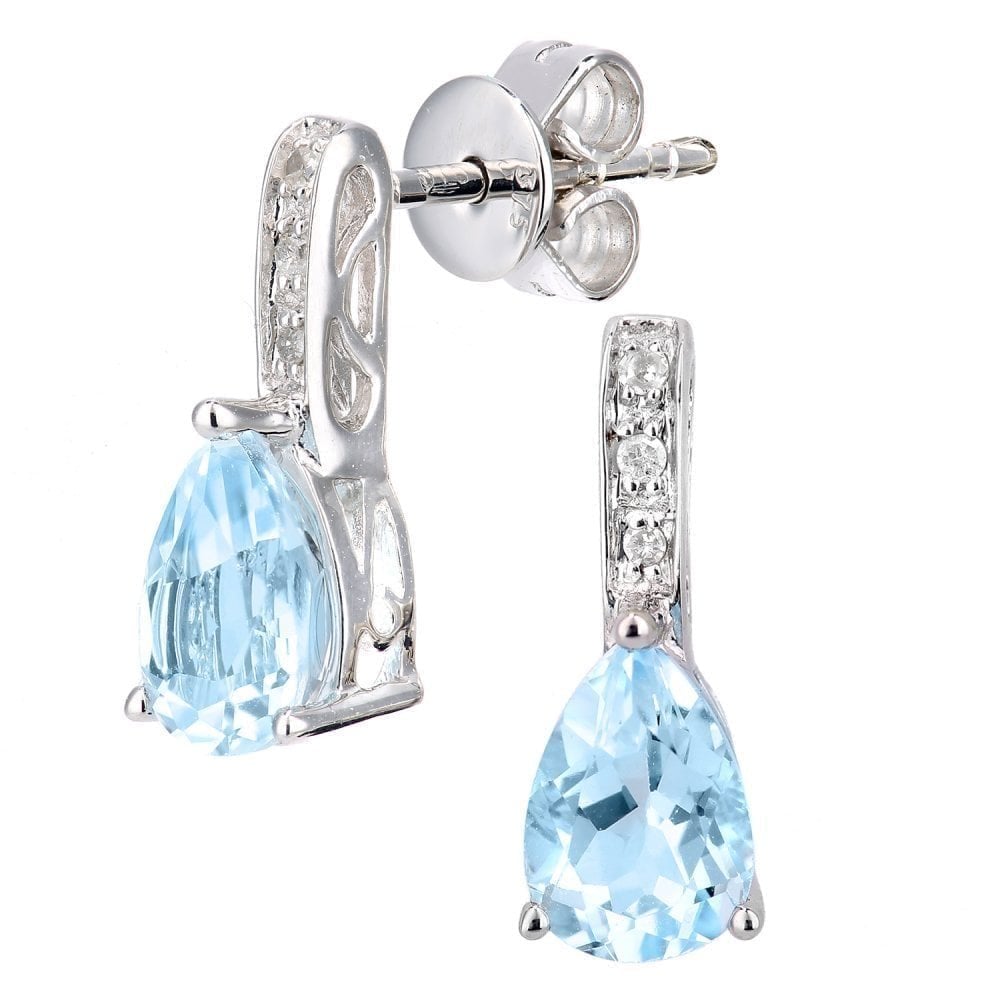 Swiss Blue Topaz Pear and Natural Diamond Stud Earrings in 9ct White Gold