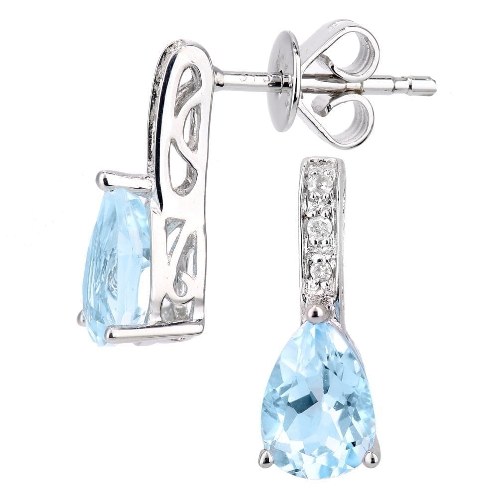 Swiss Blue Topaz Pear and Natural Diamond Stud Earrings in 9ct White Gold