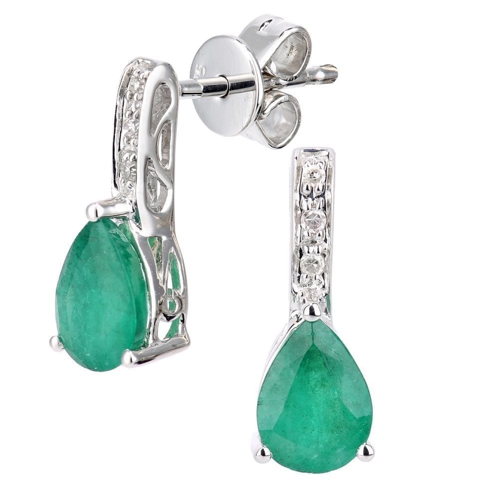 9ct White Gold 1.30ct Pear Emerald and Diamond Teardrop Earrings