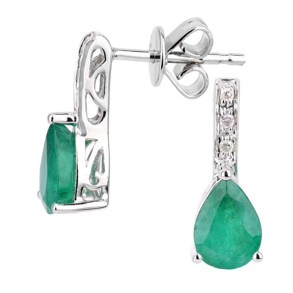 9ct White Gold 1.30ct Pear Emerald and Diamond Teardrop Earrings
