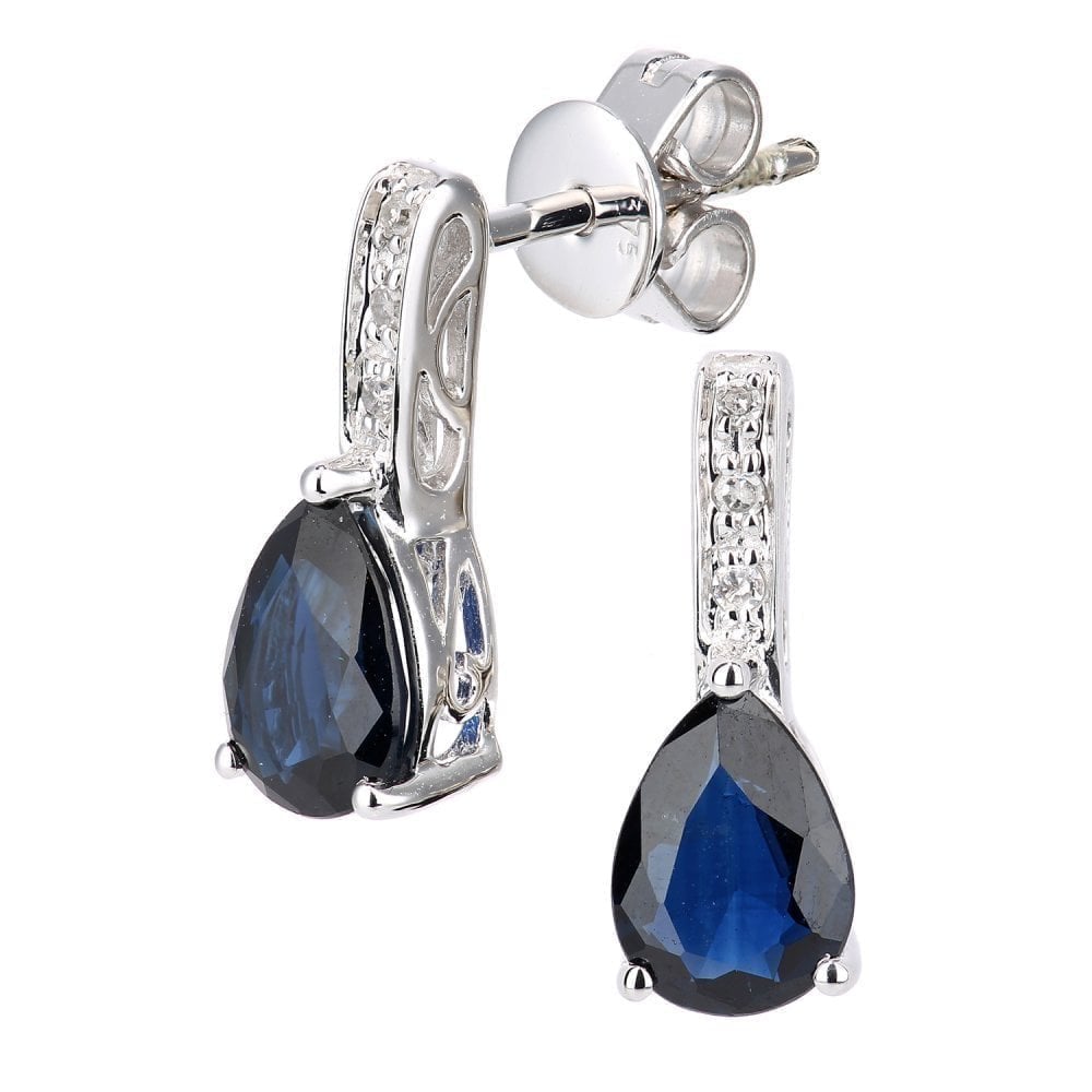 Pear Natural Blue Sapphire and Diamond Stud Earrings in 9ct White Gold