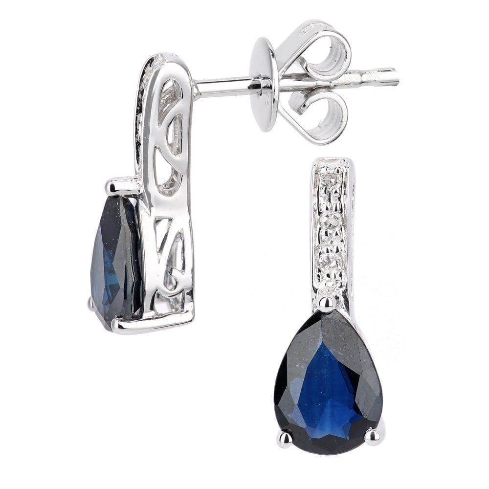 Pear Natural Blue Sapphire and Diamond Stud Earrings in 9ct White Gold