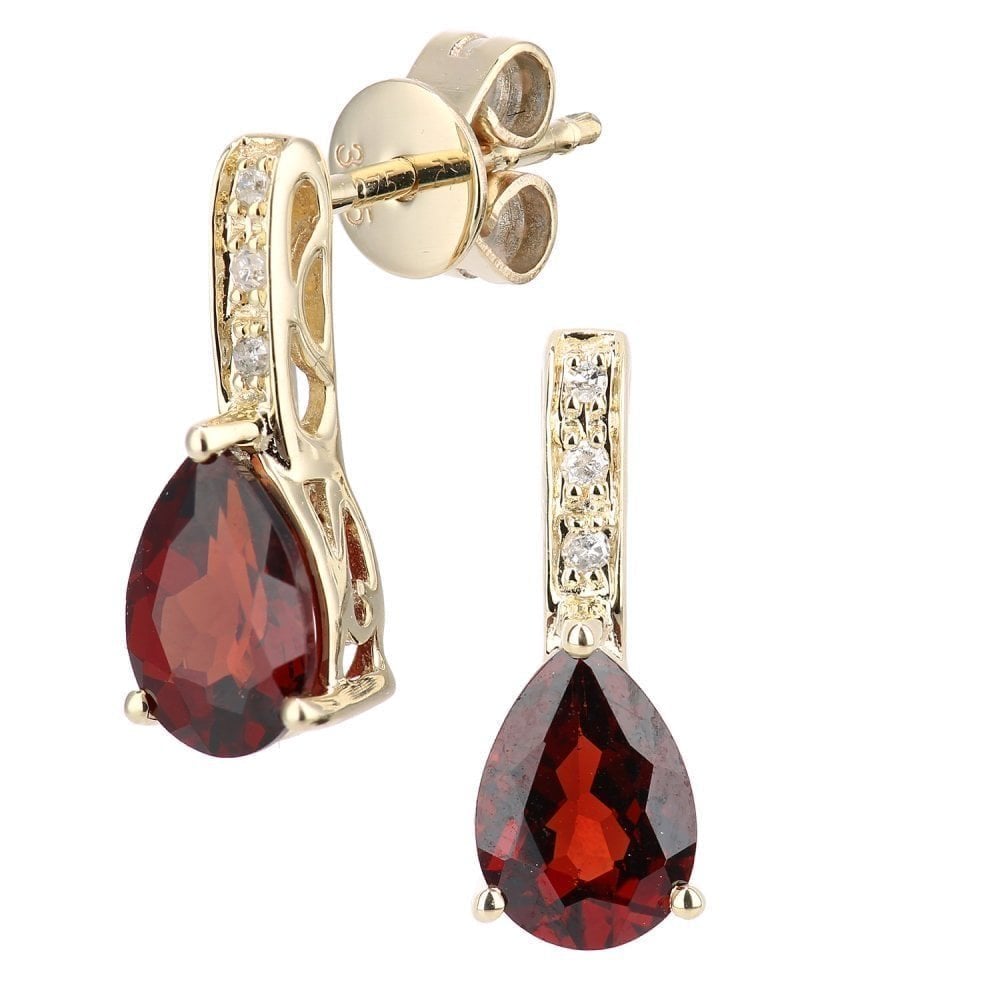 9ct Yellow Gold Garnet Teardrop 0.03ct Diamond Drop Earrings