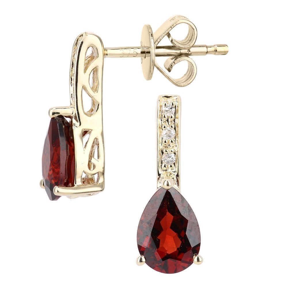 9ct Yellow Gold Garnet Teardrop 0.03ct Diamond Drop Earrings