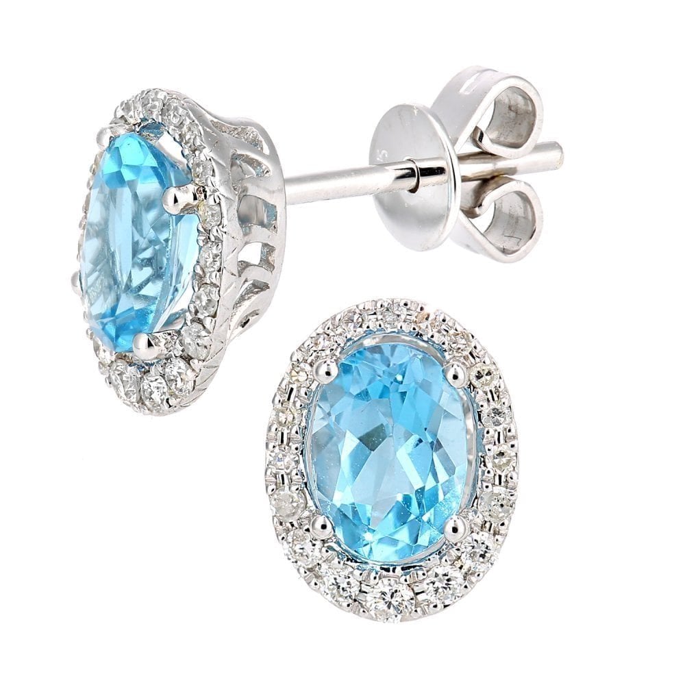 Swiss Blue Topaz and Diamond Oval Halo Stud Earrings in 9ct White Gold